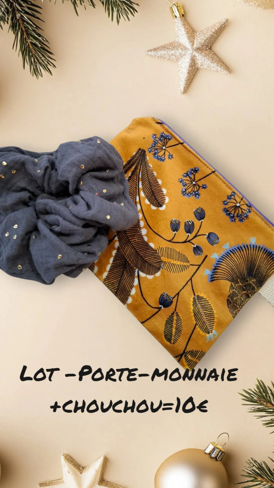 Lot Porte-monnaie tissu velours suédine jaune + 1 chouchou